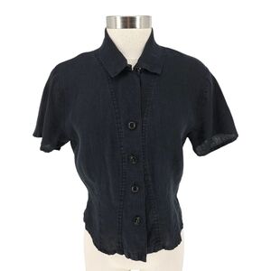 FLAX Shirt Linen Black Short Sleeve Button Up Collared Lightweight Top Small
